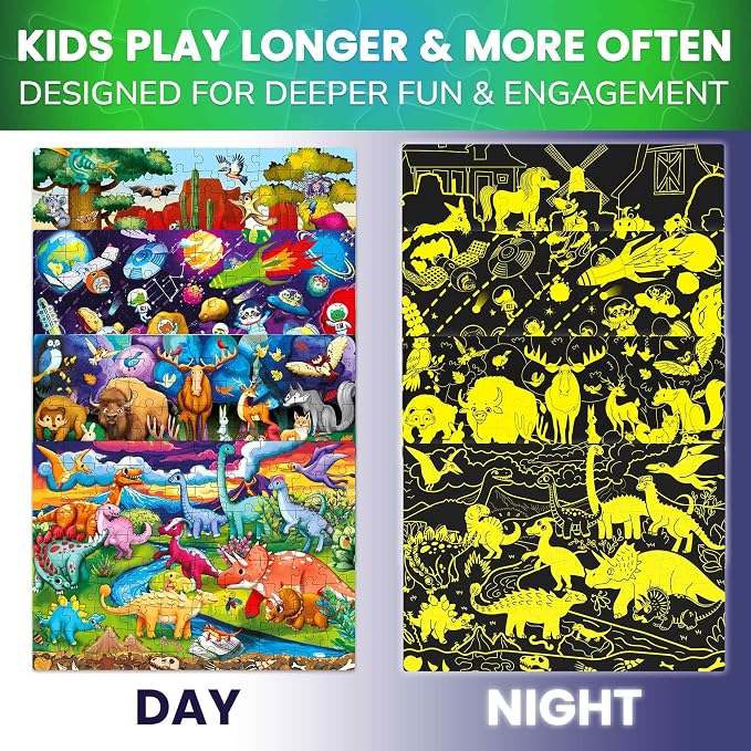 QUOKKA 100 Piece Puzzles for Kids Ages 6-8 – 4 Jigsaw Puzzles for Kids Ages 8-10 – Glow in the Dark Space Dinosaur Animals – Fun Game for 10-12 Boys and Girls – Learning Games Gift for Childrens