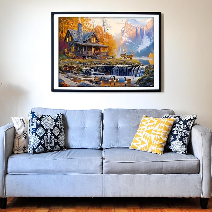 Think2Master Cabin by the Falls 1000 Pieces Large Format Jigsaw Puzzle: 13+, Teens, Adults & Families. Scenic Autumn Mountain Landscape with Log Cabin, Waterfall. Great Gift. Size: 26.8” X 18.9”