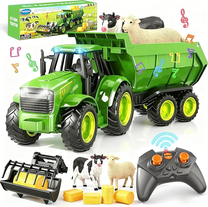 Funwee RC Farm Tractor Toy w/Light & Music, Kids Truck Toy w/Front Loader & Farm Animal, 2.4GHz RC Tractor Trailer for Boys & Girls, Toddler Vehicle Car Playset Age 3-8+ Year Old Gifts (Bright Green)