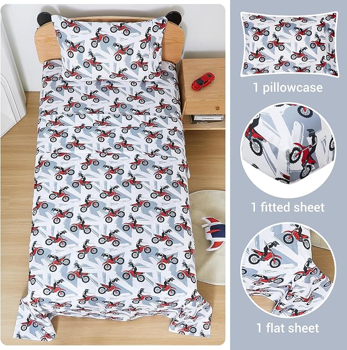 Viviland 3 Pieces Boys Grey Twin Sheet Set - Soft Microfiber Fitted Flat Sheets & Pillowcase - Red Motorcycle Print Bedding Sets - for Kids & Toddlers