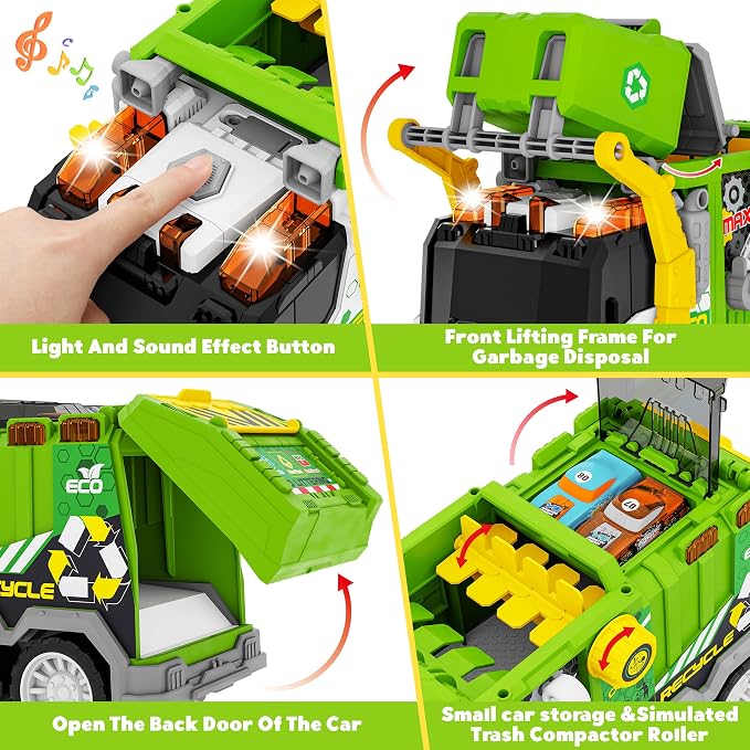 Large Friction Powered Garbage Truck Toy Set with Effect Sound, 2pcs Ejecting Race Cars, Includes Dumpster, Trash Bins, Birthday Gifts for Age 3 4 5 6 7 8 Year Old Boys Kids