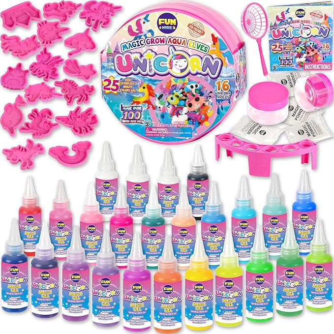 Unicorn Magic Grow Aqua Elves Kit, FunKidz Magical Water Elf Toys for Kids with 25 Colors Gel 16 Unicorn Molds to Make Over 100 Water Pets Crafts for Girls Boys Ages 3+