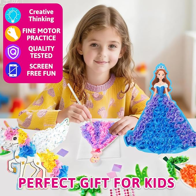 AGENTLAN Poke Art Princess & Unicorn Kit, Mess-Free Craft Set for Girls | Princess & unicorn designs, pre-cut fabric squares, poke craft activity, screen-free toy, birthday gift for girls ages 3-8
