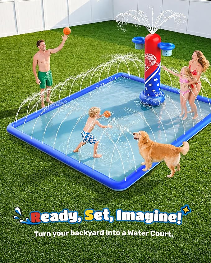 ODOSOLA 137x118'' Large Splash Pad for Kids 3-12 & Dogs, 2-in-1 Sprinkler Pad with Basketball Hoop/Ball Toss, Thickened Non-Slip Water Mat, Foldable Outdoor Summer Toy for Backyard/Pool/Beach