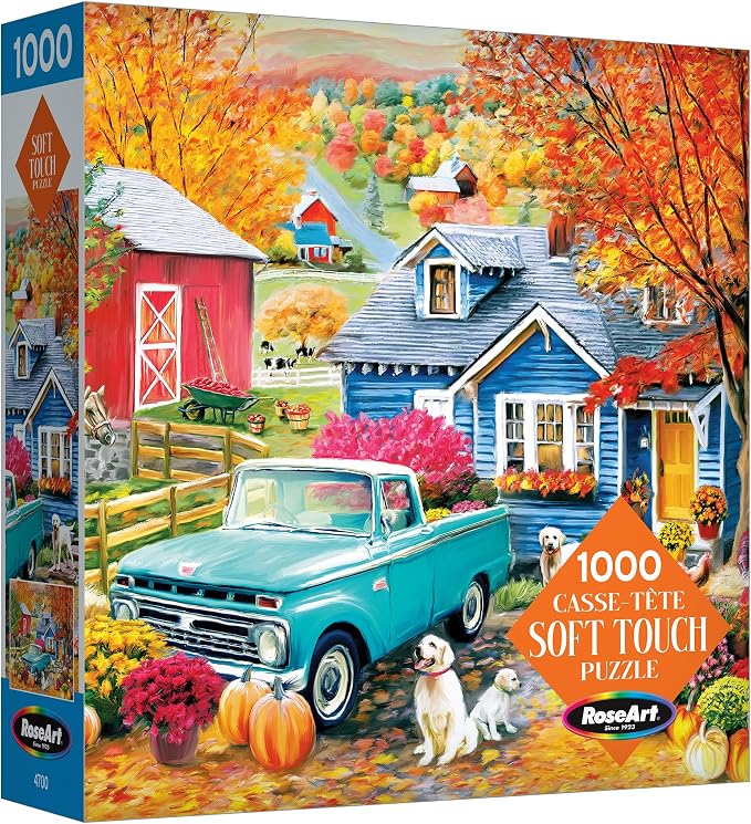 RoseArt - Soft Touch - Autumn Hill Cottage - 1000 Piece Jigsaw Puzzle, Autumn Country Scene Puzzle for Adults - Made in USA