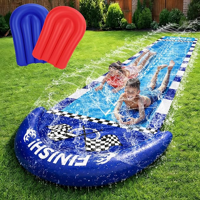 TOY Life Giant Race Car Water Slides for Kids 20Ft Waterslide Backyards Lawn with 2 Bodyboards, 2 Lane Slip Splash and Slide Summer Toys with Built-in Sprinkler for Backyard Outdoor Water Toys