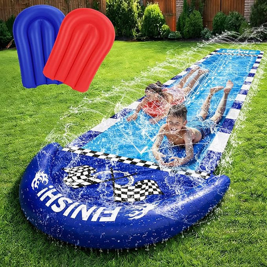 TOY Life Giant Race Car Water Slides for Kids 20Ft Waterslide Backyards Lawn with 2 Bodyboards, 2 Lane Slip Splash and Slide Summer Toys with Built-in Sprinkler for Backyard Outdoor Water Toys