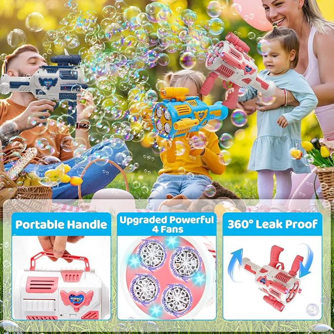 Bubble Gun with Upgraded 4 Fan Drives (Bulit-in 3 oz Bubble Solution), Bubble Machine Gun for Kids Toddlers Adults, Automatic Bubble Blower for Summer Outdoor Party Birthday Wedding Toys