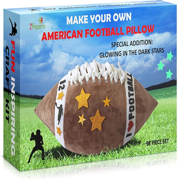 2Pepers Make Your Own American Football Pillow, Football Gifts for Boys and Girls Ages 3 4 5 6 7 8 9 10 Years and Up, DIY Arts and Crafts Kit for Kids, Sports Present, Boys Toys