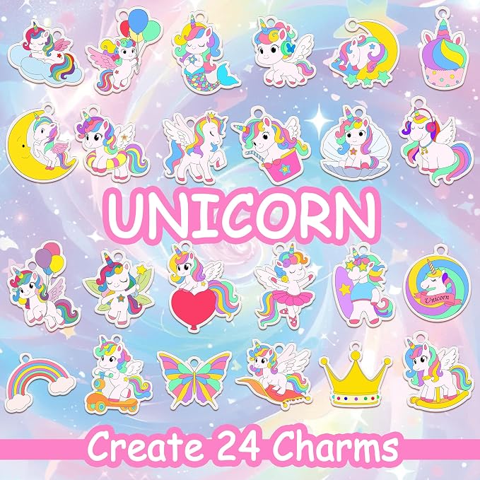 Vicentorra Shrinky Dink Sheets Keychain Making Kit with 12 Markers, 24 Pre-Cut Unicorn Plastic Charms, 24 Ball Chains, No Mess Art & Crafts Kits for Kids, 6+ Year Old Girl Birthday Gift Nice Packaging