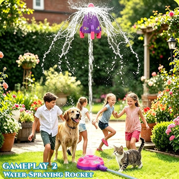 4-in-1 Upgraded Water Sprinkler Toy,Water-Spraying Rocket,Water Baseball,360°Rotating Sprinkler,Foot-Pump Rocket Launch,Outdoor/Yard/Garden/Lawn/Pool Summer Water Game for Kids Age3 4 5 6 7 8Boy Girls
