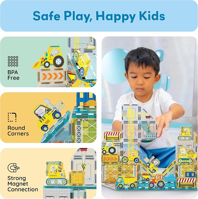 PicassoTiles Magnet Tiles Magnetic Building Blocks with 8 Construction Vehicles Crank Truck Excavator Bulldozer Road Roller Concrete Mixer Tractor Dump Truck Forklift Toys Learning Kids Ages 3+ PTQ11