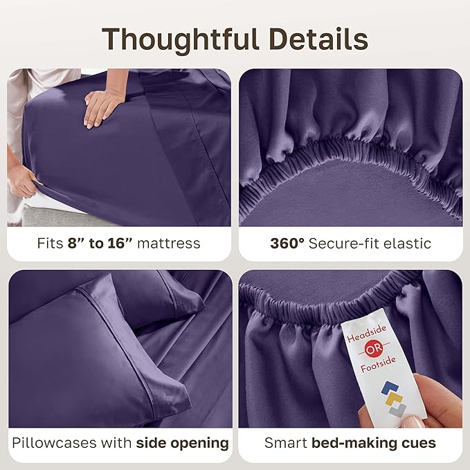 California Design Den Soft Queen Size Cotton Sheet Sets, 400 TC Good Housekeeping Award Winner, Silky Smooth Sateen Weave with Deep Pockets, Breathable and Durable Queen Bedding Set - Purple