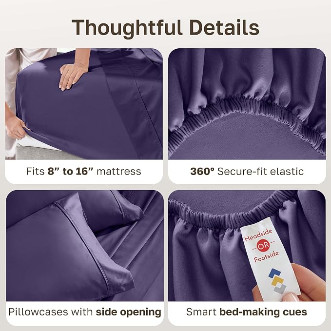 California Design Den Soft King Size Cotton Sheet Sets, 400 TC Good Housekeeping Award Winner, Silky Smooth Sateen Weave with Deep Pockets, Breathable and Durable King Bedding Set - Purple