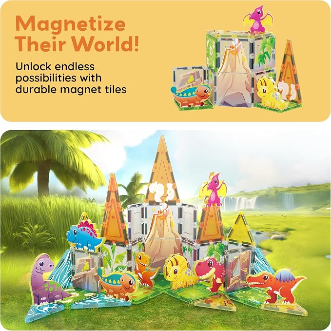 PicassoTiles Dinosaur Toys Magnet Tiles Building Blocks 8 Magnetized Action Figures Compatible Magnetic Construction Build and Play Tile Accessory Toy STEAM Educational Learning Toys Kids Ages 3+
