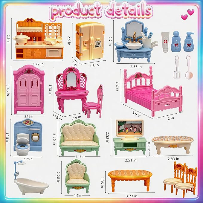 Dollhouse Furniture Set-38 Pcs, Miniature Doll House Accessories with Dogs and Cat ，Kitchen Bedroom Living Room Bathroom Furniture, Great Gift Idea