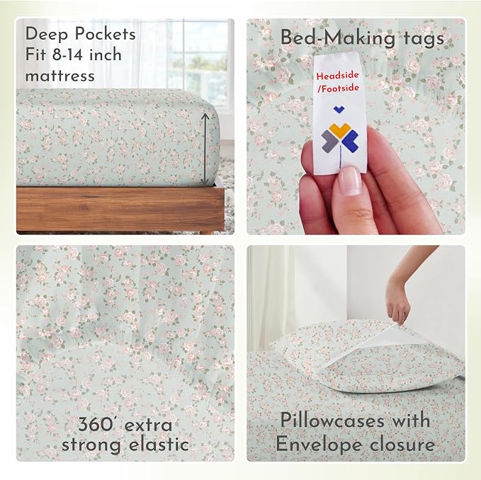 California Design Den Sheet Set Rose King Size Bed Sheets, Deep Pocket King Sheets & Pillowcase Set, Soft Sateen Weave - Vintage Rose