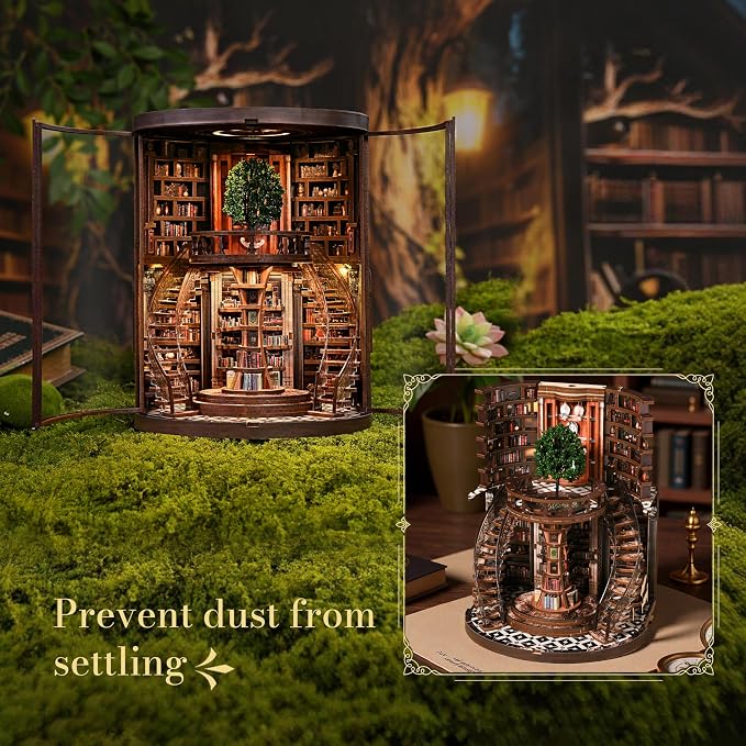 POP JOY DIY Book Nook Kit with LED Light, Fantasy Tree Library Miniature Dollhouse 3D Wooden Puzzle Bookshelf Insert, DIY Book Nook Bookshelf Decor for Adults Teens Book Lovers Gift