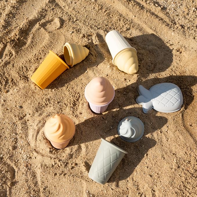 BLUE GINKGO Ice Cream Sand Toys - Silicone Beach Toy Ice Cream Set of 4 | Easy Clean, Travel-Friendly | Sand, Bath, Beach Toys for Toddlers and Children (Sunsoaked Multi Pack)