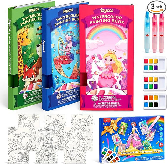 JoyCat 3 Pack Pocket Paint with Water Coloring Books for Kids, Art & Craft Activity Toy Set, Creative Travel & Home Painting Kit, Gifts for Girls & Boys Ages 3-8 (3 Pack - Magical Pony & Ocean Princess & Animals)