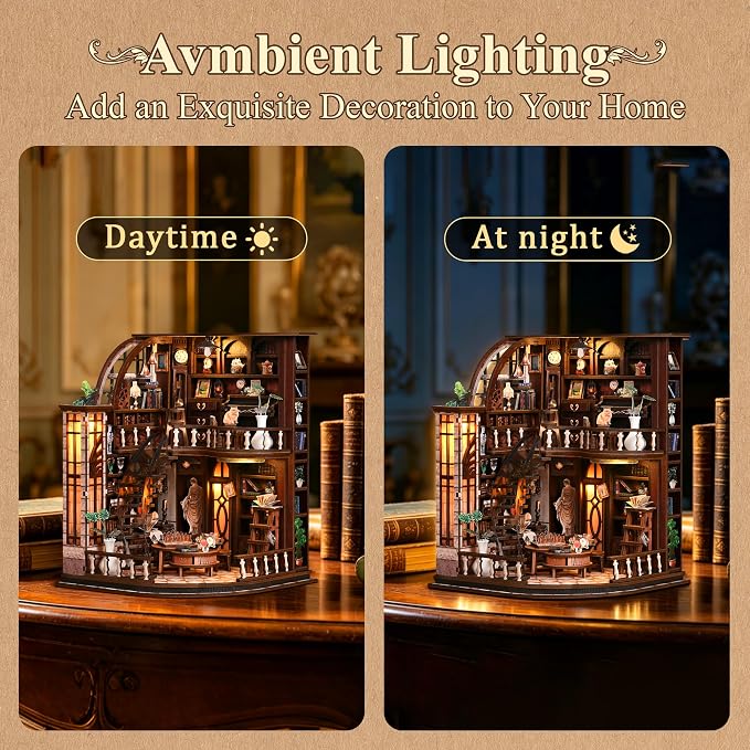 SUNNINO Library Book Nook Kits for Adults, DIY Miniature Dollhouse Bacchus Book Nook Kit, 3D Wooden Puzzle Bookshelf Decor Craft Kits Gift with Led Light for Friend Family