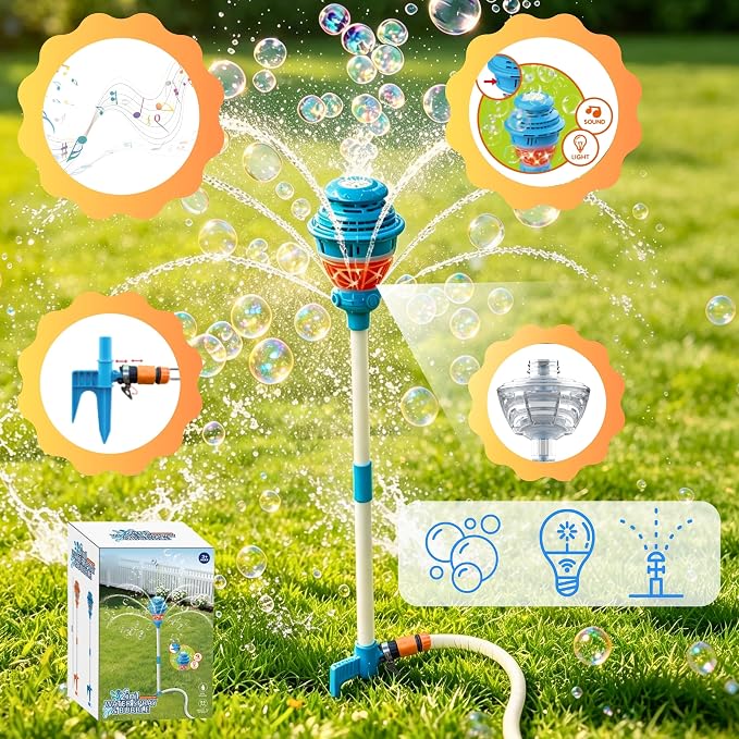 2 in 1 Water Sprinkler & Bubble Machine for Kids, Automatic Outdoor Toy with Lights & Sounds, 2 Bottles & 10 Refill Packs Bubble Solution, Summer Backyard Yard Play Toy, Blue, Battery Not Included