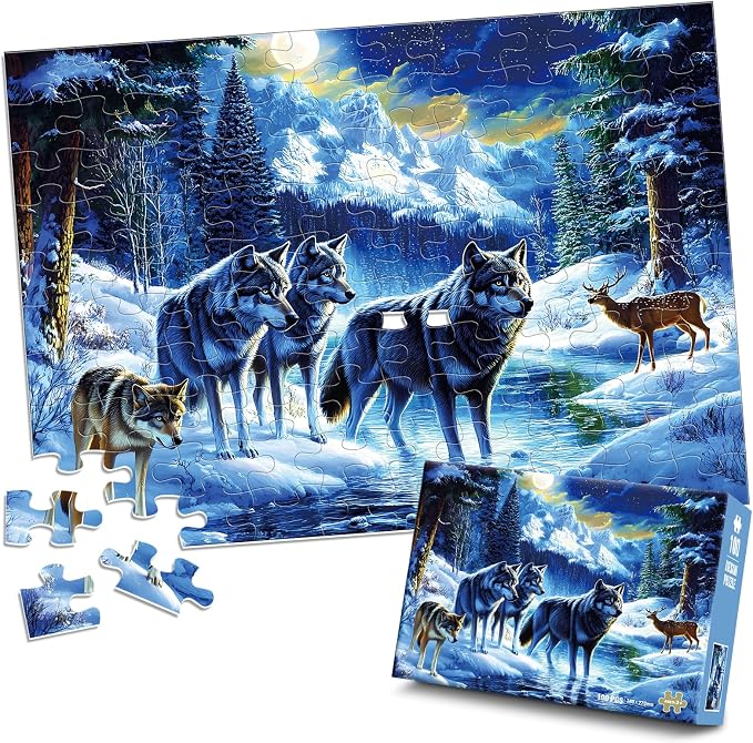 Jeacirio 100 Piece Jigsaw Puzzle for Kids Ages 6-8 8-10, Wolf Family in Snowy Mountain Forest, Educational Animal Puzzle, Screen-Free for Boys Girls