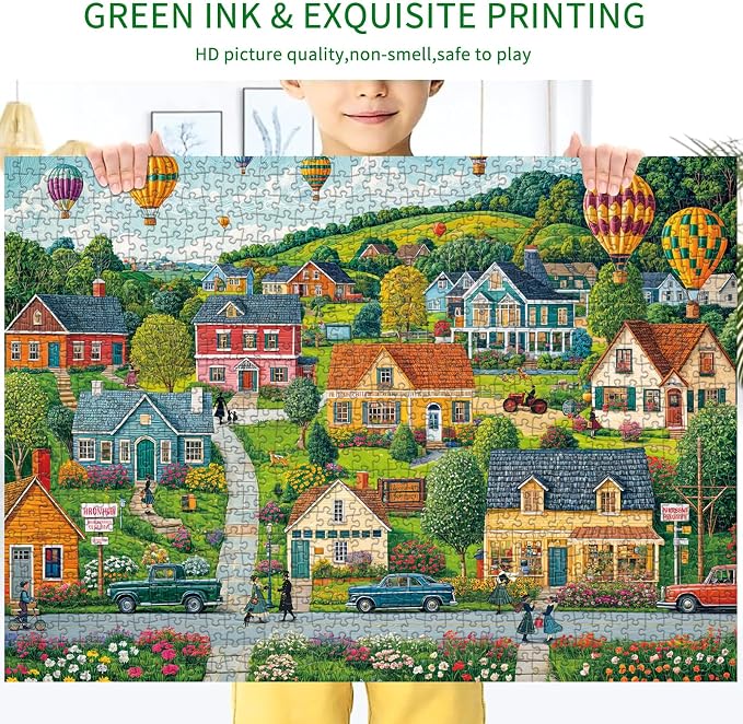 Puzzles for Adults 1000 Pieces, Happy Town Jigsaw Puzzle with 1:1 HD Poster, Perfect Interlocking No Dust, Stress Relief Ideal Gift for Family Games