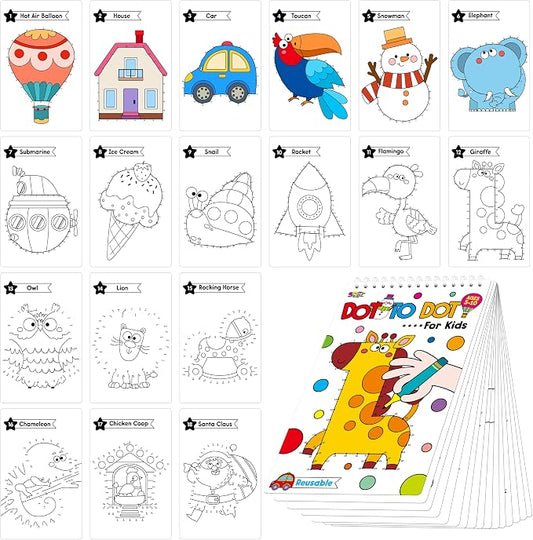 Do-to-Dot Game Pad, 30 Reusable & Erasable Number Connecting Games, Dry Erase Animal/Castle/Ship Dot to Dot Workbook for Kids, Educational Toy for Road Trip, Airplane & Car Travel Activities