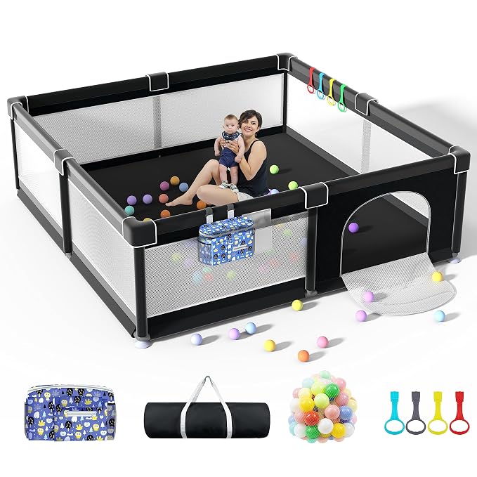 LUTIKIANG Playpen, 79" X 71" Extra Large Playpen, Play Pen for Babies and Toddlers, Kids Play Pen, Sturdy Safety Play Yard, Baby Fence with gate, Play Pin for Toddler (Black)