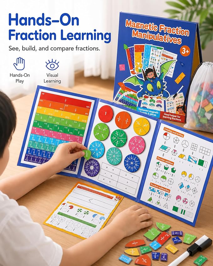 Magnetic Fraction Demonstration Book, Magnetic Fraction Tiles & Circles Educational Puzzle Set, Montessori Fraction Playbook for Kids, Math Manipulatives for Elementary School