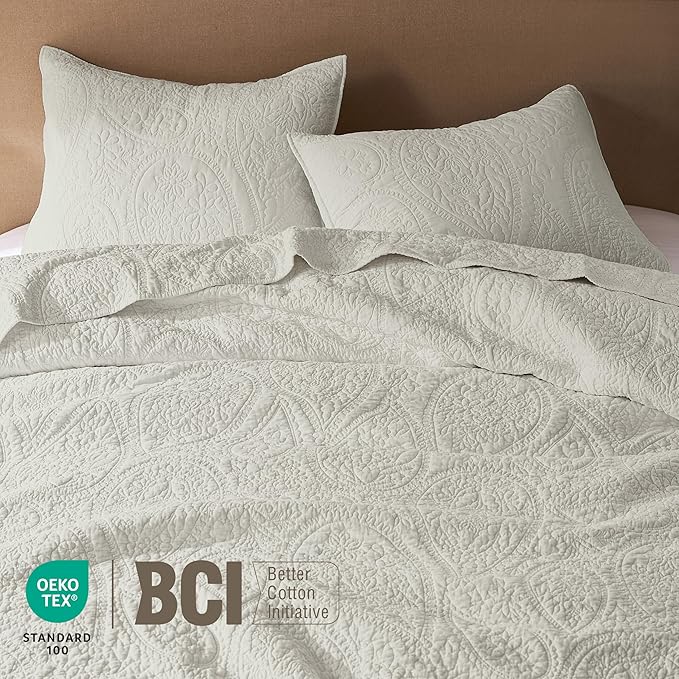 palassio Beige Paisley 100% Cotton Quilt Queen Size Bedding Sets with 2 Pillow Shams, Boho Floral Lightweight Farmhouse Country Vintage Soft Bedspread Shabby Chic Coverlet for All Season, 3 Pieces