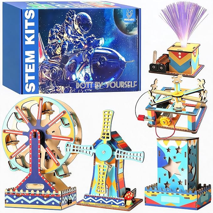 5-in-1 STEM Kits for Kids 6-12, Colorful UV Printed Wooden Building Toys with Motorized Ferris Wheel & Night Light, DIY Science Engineering Projects, Educational Gifts for Boys Girls