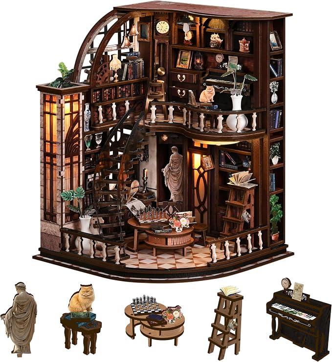 POP JOY DIY Book Nook Kit with Motion Sensor LED Light, Miniature Library Bookshelf Insert, 3D Wooden Puzzle Bookend Craft Kit Dollhouse for Adults Teens, Creative Gift for Book Lovers DIY Enthusiasts