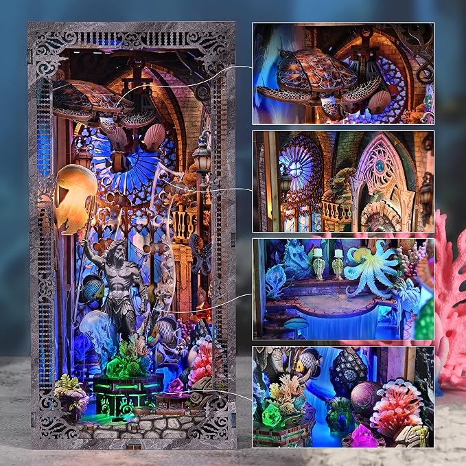 fifijoy Book Nook Kit - DIY Miniature House Dollhouse Kit for Adults and Teens, Booknook Tiny House Atlantis Bookshelf Decor 3D Wooden Puzzle with LED Light, Gifts for Family and Friends (Atlantis)