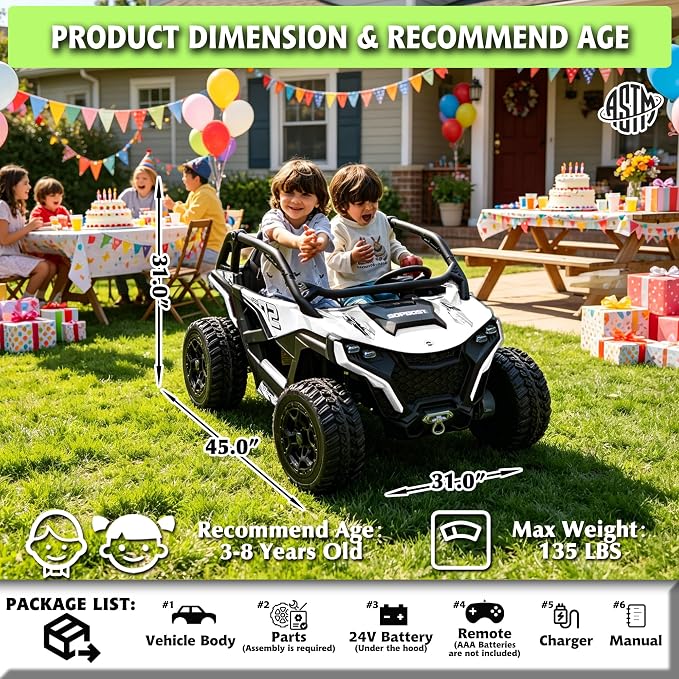 sopbost XL 24V Real 2 Seater Kids UTV Ride-On Car with Remote Control 4x4 4WD Electric Vehicle for Kids 3-8 to Drive, Bluetooth Music, 4 Spring Suspension, 21.85" Spacious Seat - White
