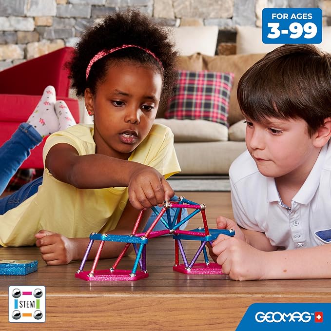 Geomag Classic Glitter 142-pc Magnetic Construction Set for Kids Ages 3 and Up | Swiss-Made STEM Educational Toy Made from 100% Recycled Plastic | Screen-Free Activity