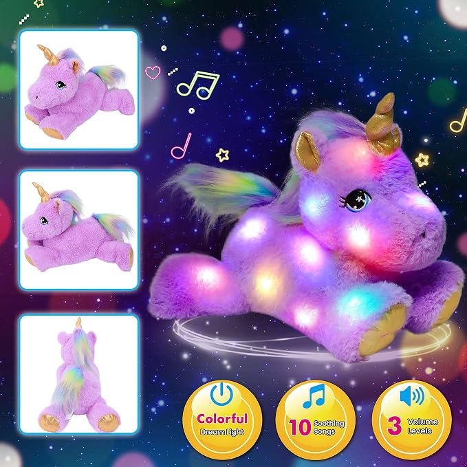 Glowing LED Light-up Purple Unicorn Nightlight Toys Musical Plush Stuffed Animal Singing Lullabies Birthday Christmas Plushies Gifts for Kids Boys Girls,13"