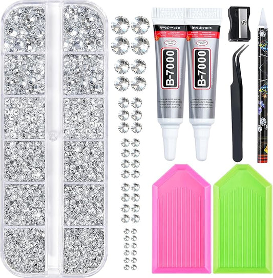 25000 Pcs Resin Jelly Rhinestones Kit, Sliver Clear 2/3/4/5/6mm Flatback Rhinestones with 2 Pcs B7000 Jewelry Glue & Tools, All-in-One Bedazzling Kit for DIY Arts & Crafts Gifts