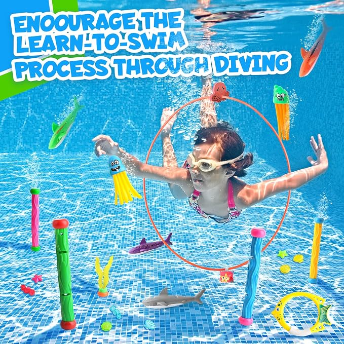 Dive Rings Pool Toys Adults, 27 Pcs Diving Toys for Kids Ages 4-8, Shark Torpedo Dive Set, Octopus Toddler Water Fun Toys, Summer Essentials Underwater Swimming Throwing Gifts for Boys & Girls