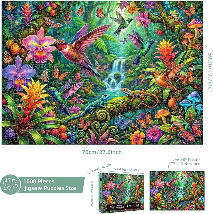 1000 Piece Puzzle for Adults, Hummingbird Garden Jigsaw Puzzles for Adults 1000 Pieces, Fun Challenging Family Puzzle with Letters on Back, Birds Flower Family Game Night Gift Puzzles for Adults