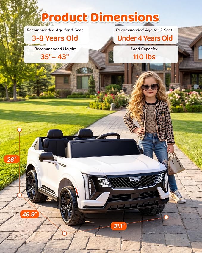 Firstness 2 Seater Ride on Car for Kids 24V Licensed Cadillac Escalade IQ Powered Wheels with Remote Control 400W Electric Ride on Toy with 3 Speed Light Music 7AH Battery Car for Kids Ages 3-8, White