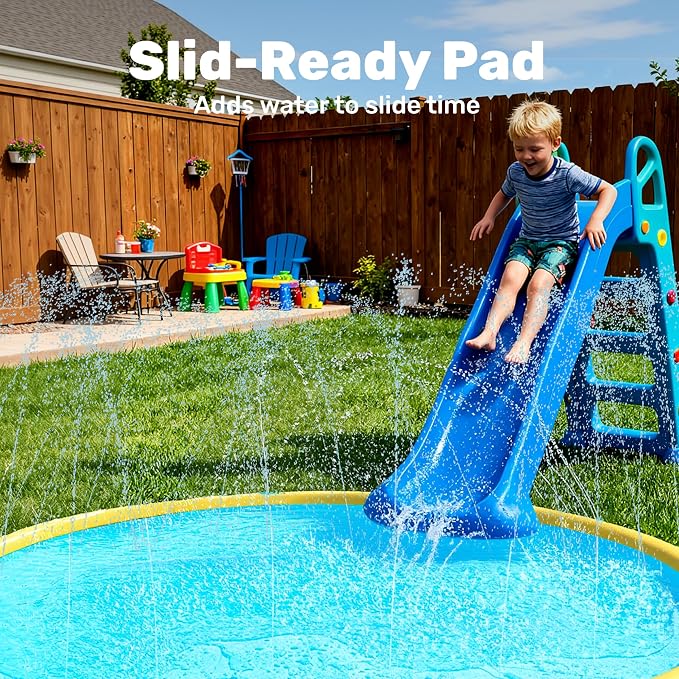 SLOOSH 120" Non-Slip Splash Pad Sprinkler - Outdoor Water Play Toys Backyard Fountain Mat for Toddlers Kids Dogs, Thickened Sprinkler Outside Pool Party Durable for Girls Boys Pets (120in,Orange&Blue)