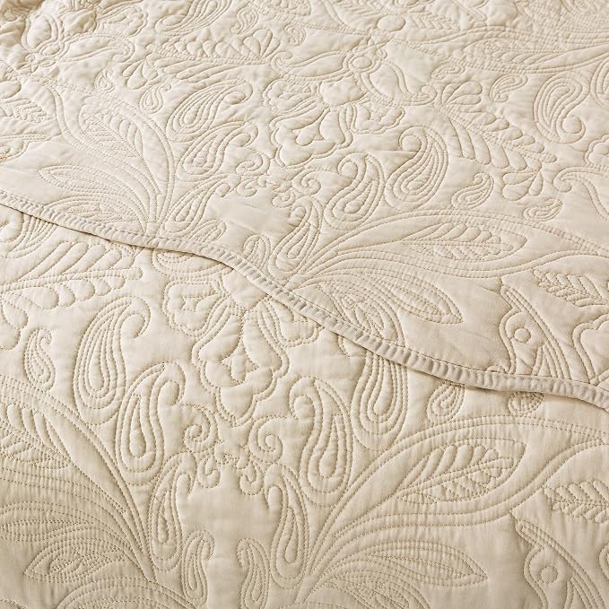 HoneiLife Quilt Set Queen Size - 3 Piece Embroidered Microfiber Bedspread Reversible Coverlet Lightweight Bedcover Paisley Pattern Bedding Set All Season Quilts-Khaki