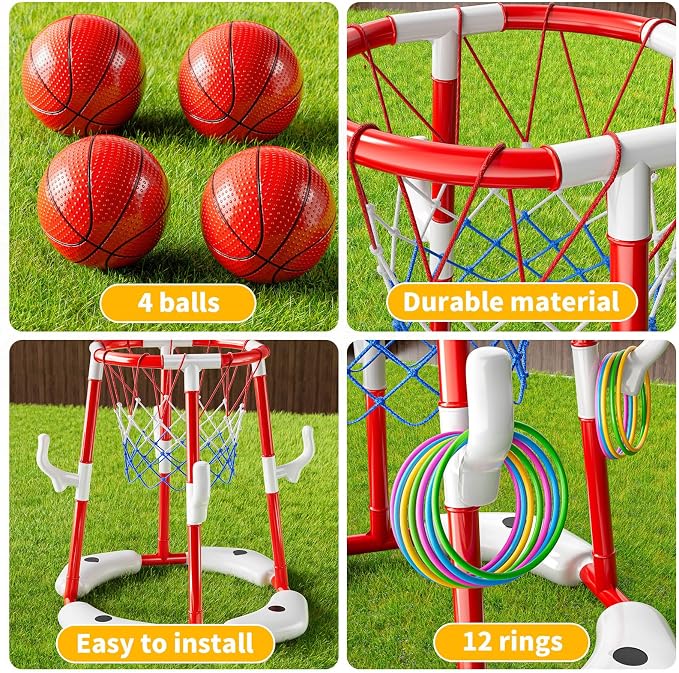 NIPLOOOW Pool Basketball Hoop, 2-in-1 Floating Pool Toys Ring Game with 4 Balls and Pump, Outdoor Swimming Pool Basketball Games Water Play Toy Family Party for Kids Adults Age 3-12 (Red)