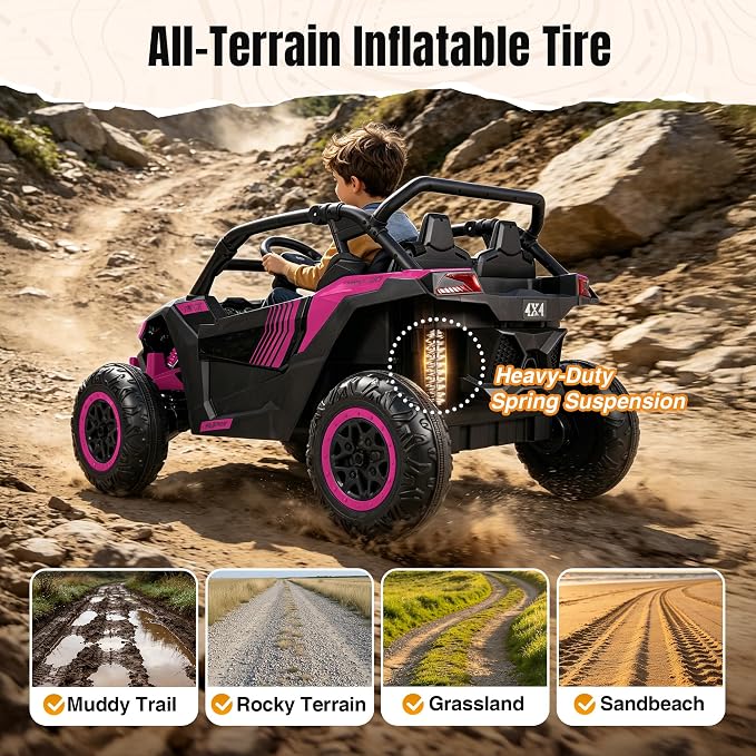 Firstness 24V Ride on Toys 800W Electric Remote Control Ride on Cars for Kids 2-Seater Riding Cars for Kids Ages 3-8, 3 Speed Mode, Music, LED Light, Off-Road UTV Ride on Truck for Boys & Girls, Pink