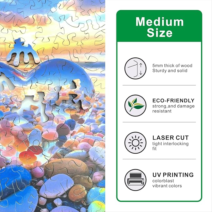 Hartmaze Sunset on Pebble Beach Wooden Puzzle, 178 Intricate Irregular Pieces, 11.2x11.2 Inch, Exquisite Wooden Gift Box – Stunning Coastal Art Jigsaw for Adults & Kids 8+