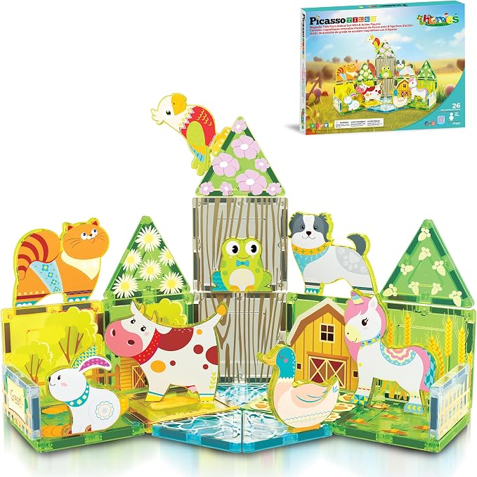 PicassoTiles Magnetic Tiles Magnet Tile Building Blocks Printed Fall Farm Themed Animal Toy Set with 8 Farmyard Animals Character Action Figures STEM Learning Playset for Kids, Ages 3+ PTQ27