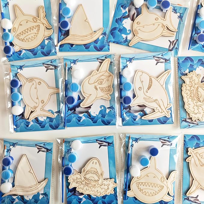 Xvvti 12PCS Shark Party Favors- DIY Shark Wood Painting Kits with Art Supplies – Fun Thank You Gifts, Birthday Party& Goodie Bag Stuffer