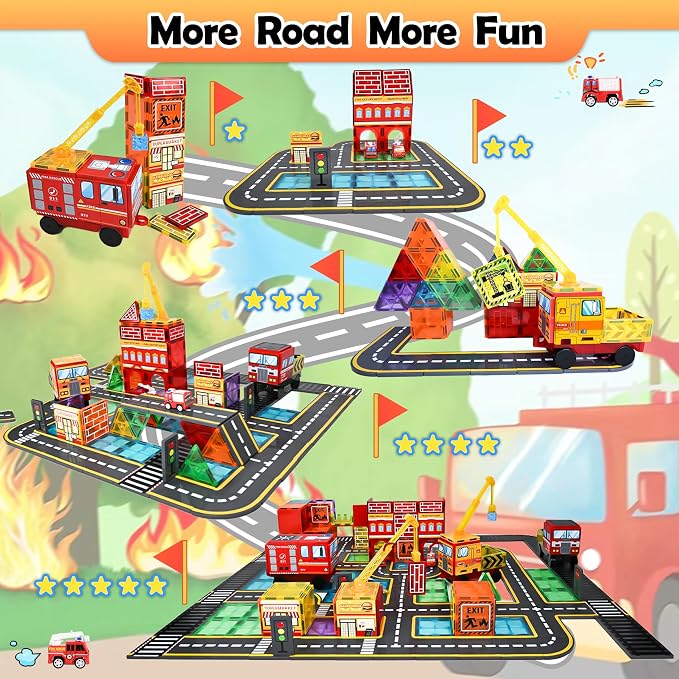 Drofex Magnetic Tiles Road Set with Fire Truck Magnetic Crane, Creative Construction Toys for Kids Ages 3-12, Boys & Girls, Fire Rescue Station and Engineering Themed Magnetic Building Blocks